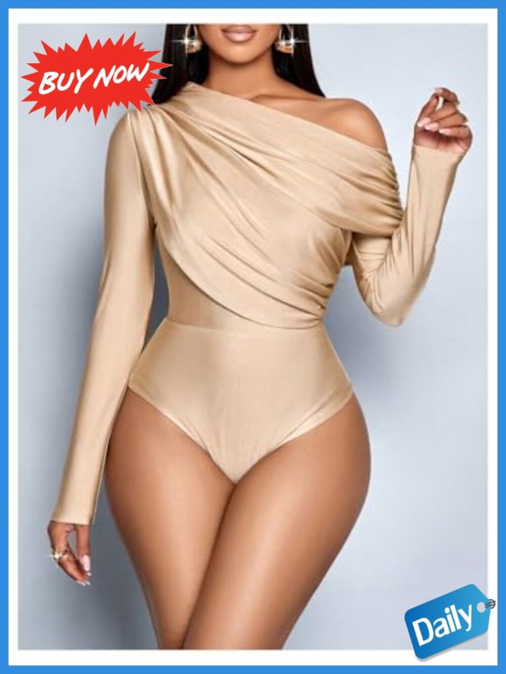 One Shoulder Satin Long Sleeve Ruched Bodysuit for Party Club - Picture 2 of 4